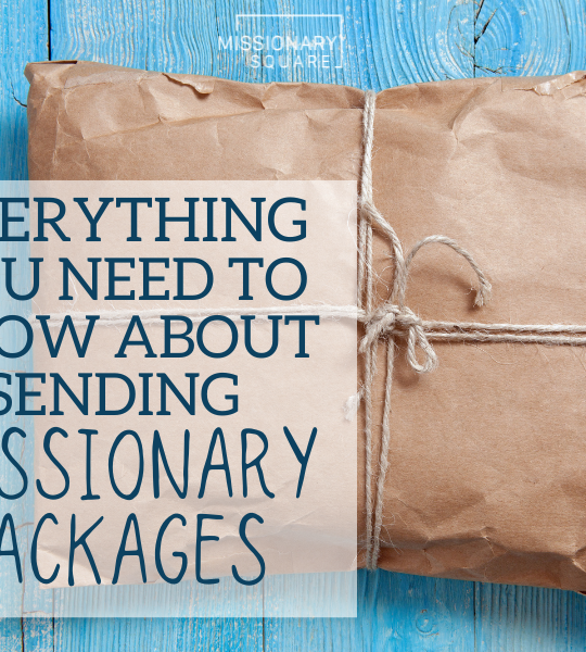 A blue table with a brown wrapped package. Text overlay says everything you need to know about sending missionary packages.